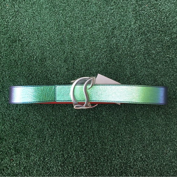 New Christian Louboutin Logo Buckle Iridescent Leather Belt Rainbow Silver 75 - Picture 6 of 16